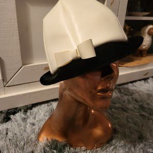 Vintage Woman's Hat/Cap/Fedora in White Faux Leather Black Faux Fur ~Union Made
